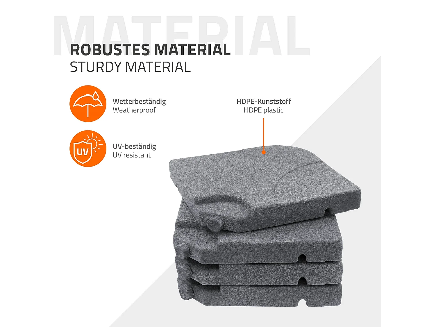 ML-Design Peso de Base de sombrilla con 4 placas rellenables de hasta 60L agua / 80kg arena, gris, soporte cruzado, apoyo de paraguas en el suelo