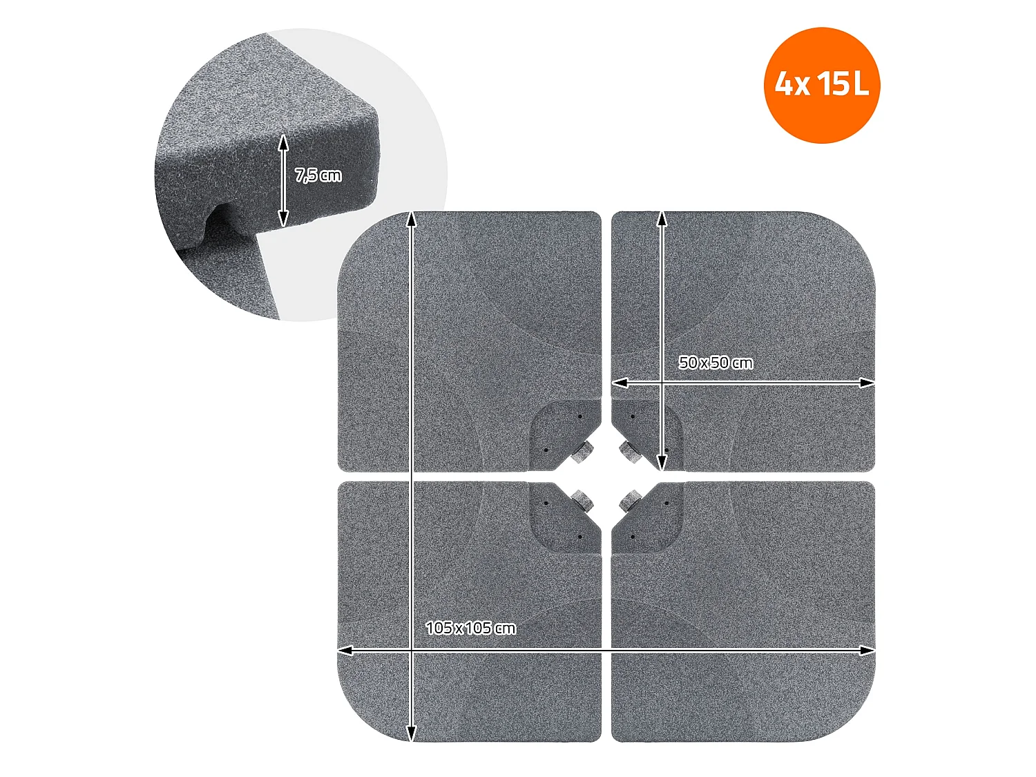 ML-Design Peso de Base de sombrilla con 4 placas rellenables de hasta 60L agua / 80kg arena, gris, soporte cruzado, apoyo de paraguas en el suelo