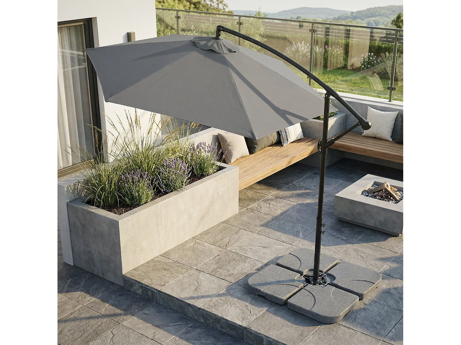 ML-Design Peso de Base de sombrilla con 4 placas rellenables de hasta 60L agua / 80kg arena, gris, soporte cruzado, apoyo de paraguas en el suelo