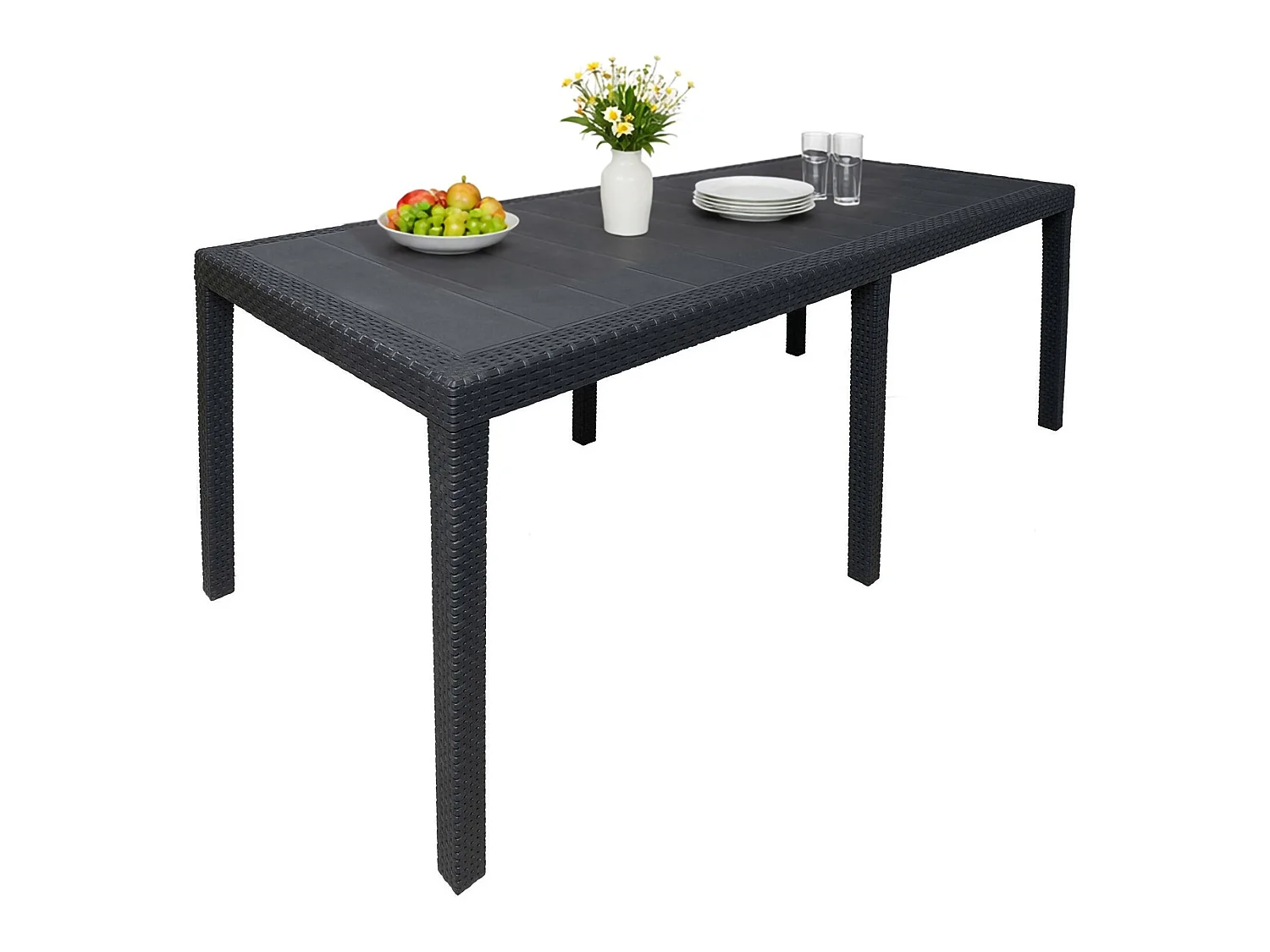 Table d'extérieur Dmains, Etagère à manger rectangulaire extensible, Table de jardin extensible effet rotin, 100% Made in Italy, 150/220x90h72 cm, Anthracite