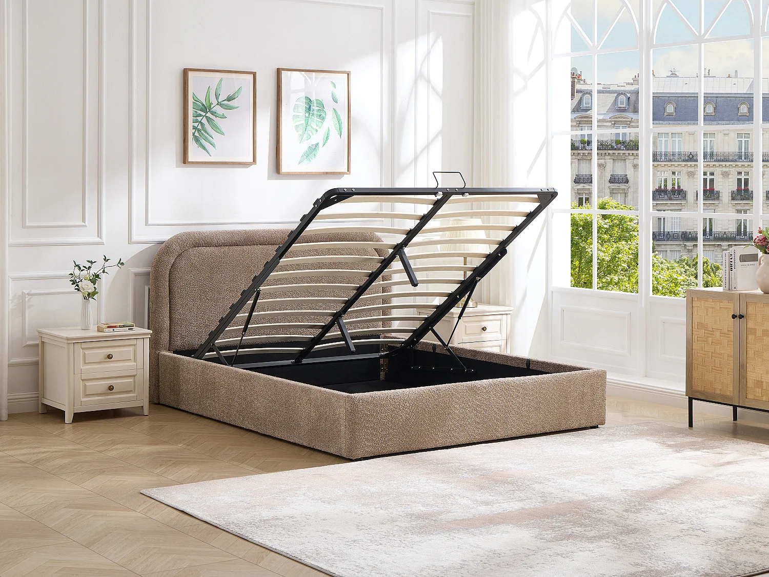Lit coffre 140 x 190 cm - Tissu bouclette - Taupe + Matelas – FIDOZIA