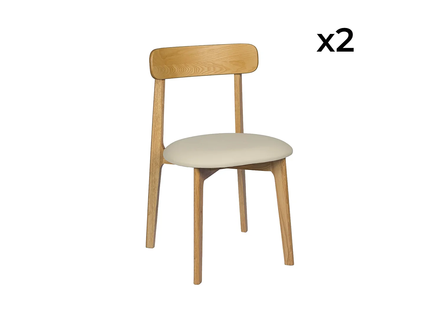 Silla vintage de madera de hevea y cuero sintético, set de 2 natural