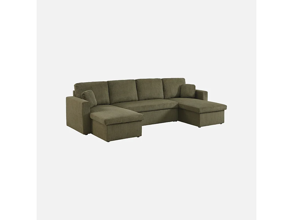 Sofá cama panorámico de pana con baúl, 4 plazas  verde kaki