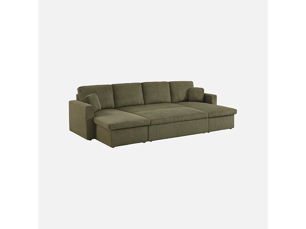 Sofá cama panorámico de pana con baúl, 4 plazas  verde kaki