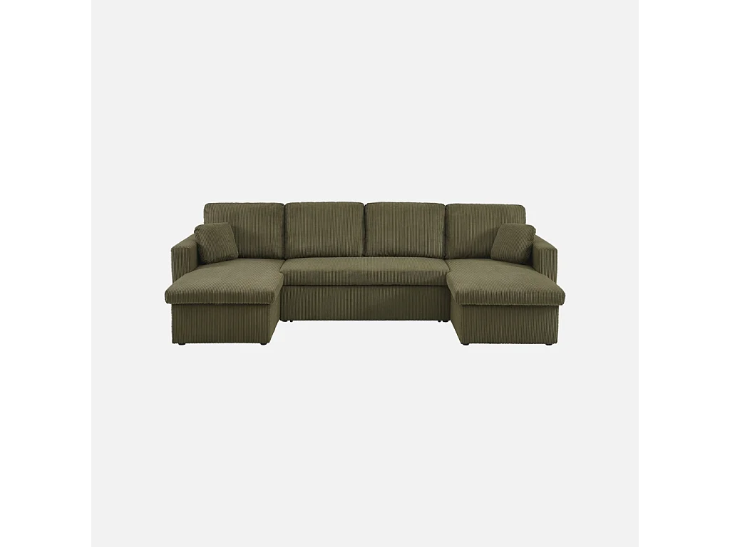 Sofá cama panorámico de pana con baúl, 4 plazas  verde kaki