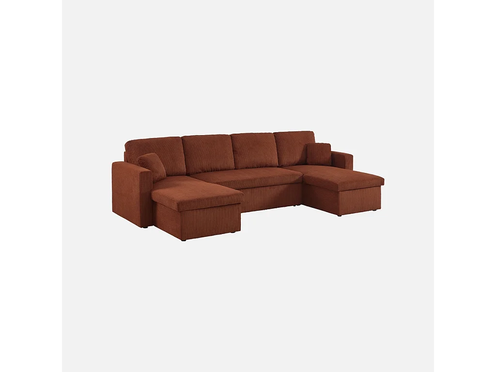 Sofá cama panorámico de pana con baúl, 4 plazas  terracota