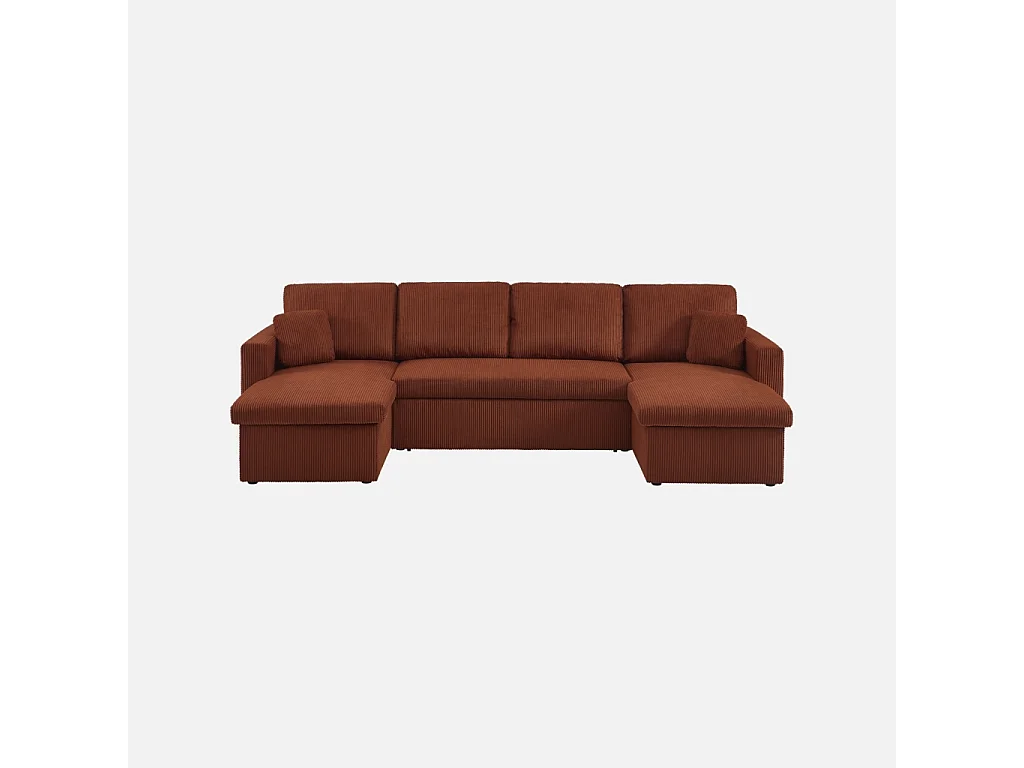 Sofá cama panorámico de pana con baúl, 4 plazas  terracota