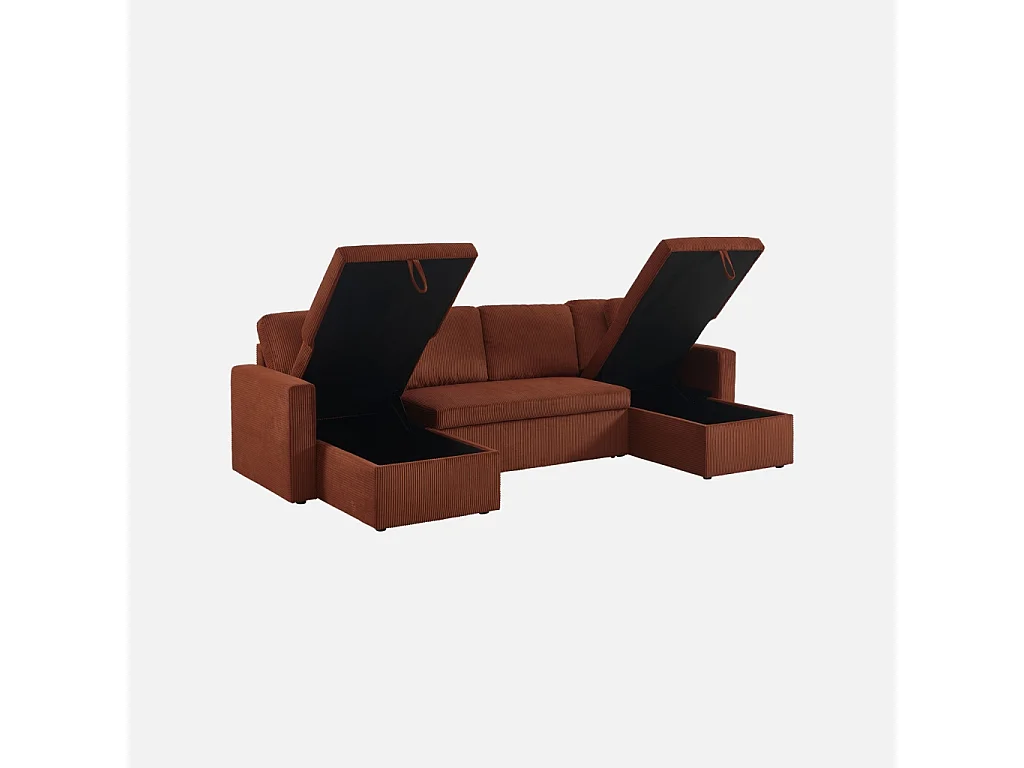 Sofá cama panorámico de pana con baúl, 4 plazas  terracota
