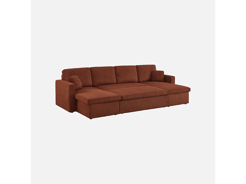 Sofá cama panorámico de pana con baúl, 4 plazas  terracota