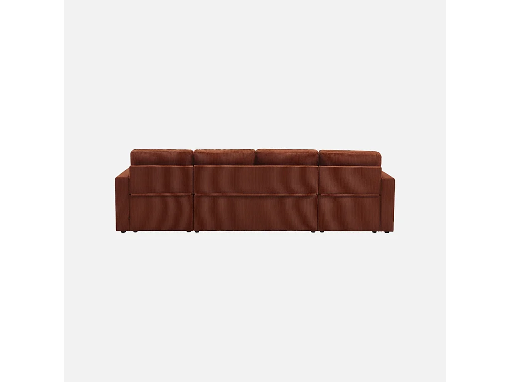 Sofá cama panorámico de pana con baúl, 4 plazas  terracota