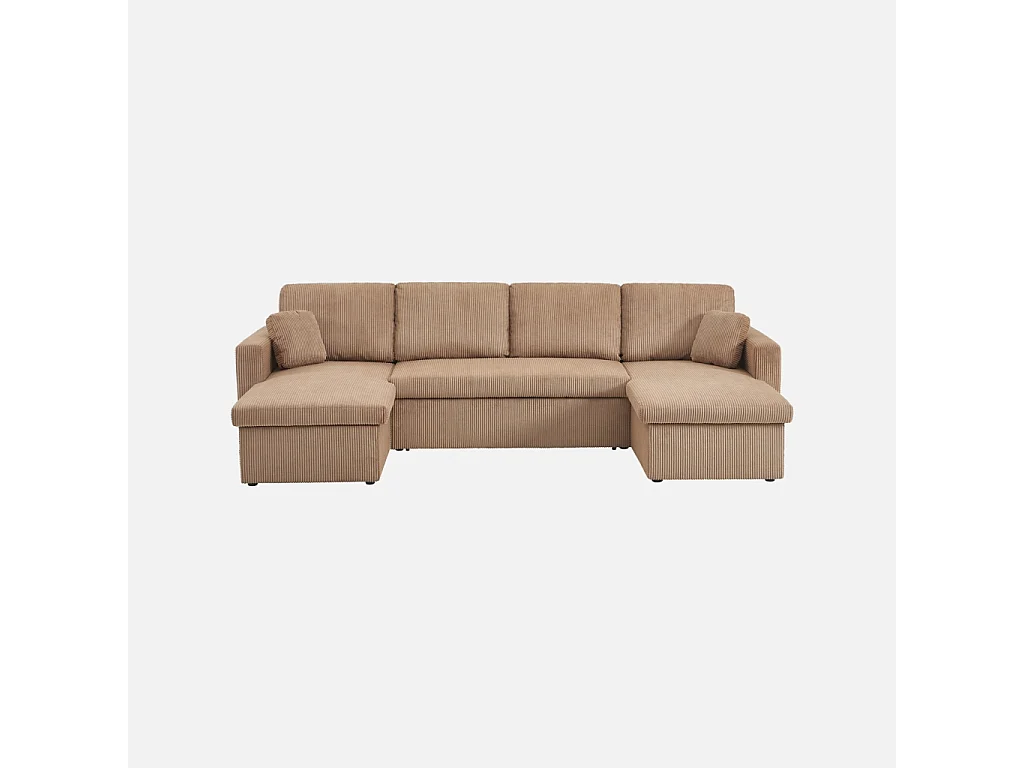Sofá cama panorámico de pana con baúl, 4 plazas  beige oscuro