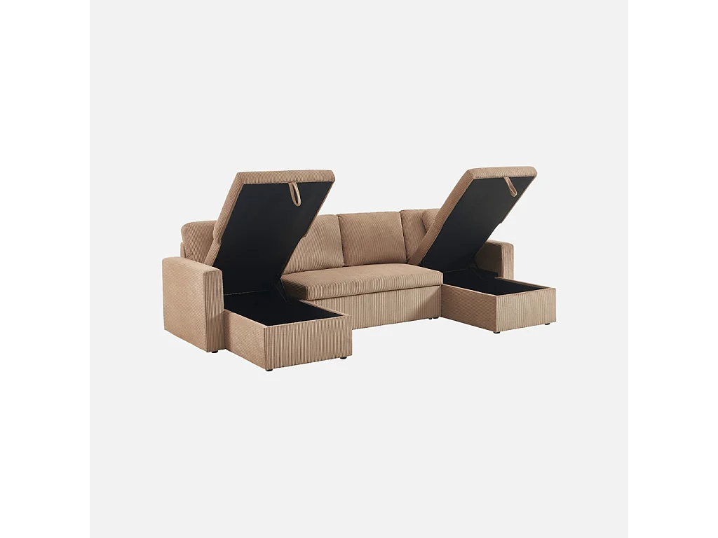 Sofá cama panorámico de pana con baúl, 4 plazas  beige oscuro