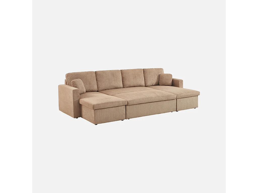 Sofá cama panorámico de pana con baúl, 4 plazas  beige oscuro