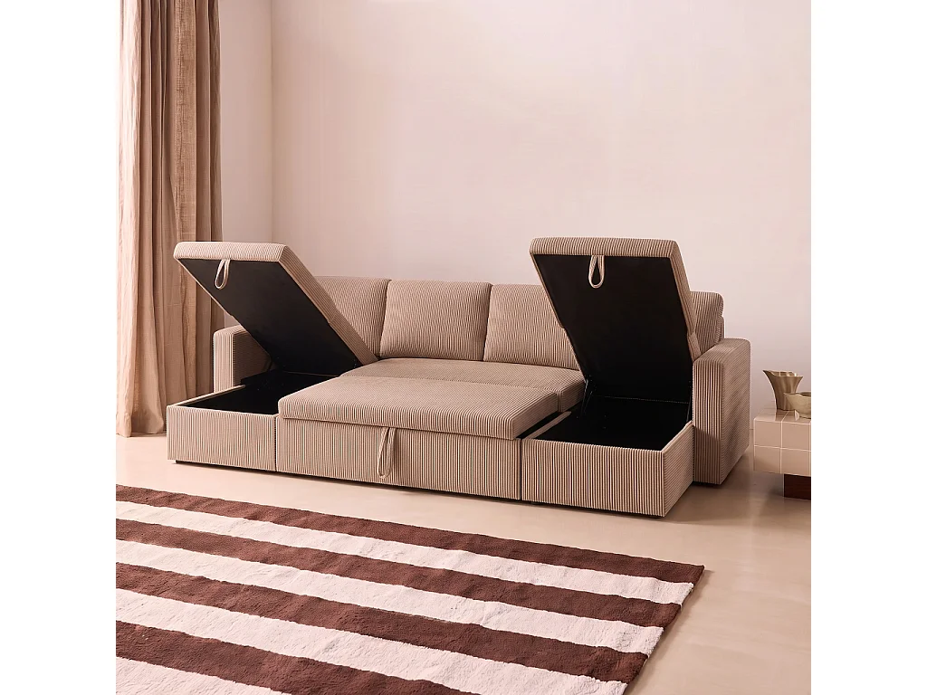 Canapé convertible 4 places avec coffre en velours côtelé beige URBAN