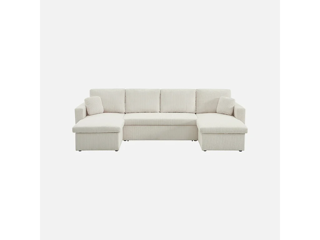 Sofá cama panorámico de pana con baúl, 4 plazas  blanco