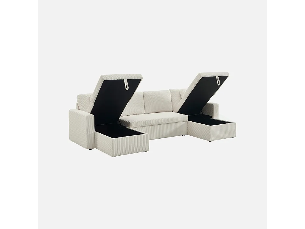Sofá cama panorámico de pana con baúl, 4 plazas  blanco