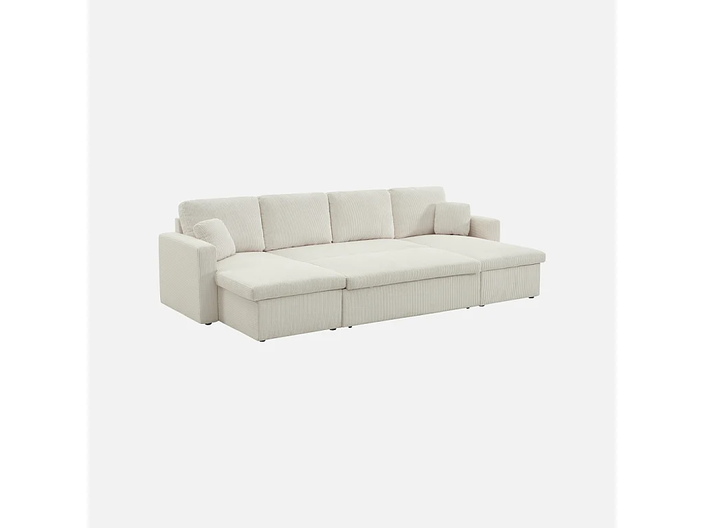 Sofá cama panorámico de pana con baúl, 4 plazas  blanco