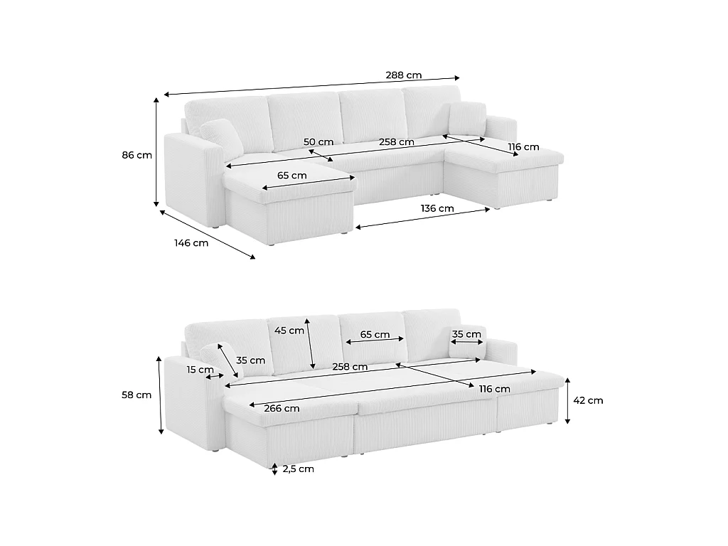 Sofá cama panorámico de pana con baúl, 4 plazas  blanco