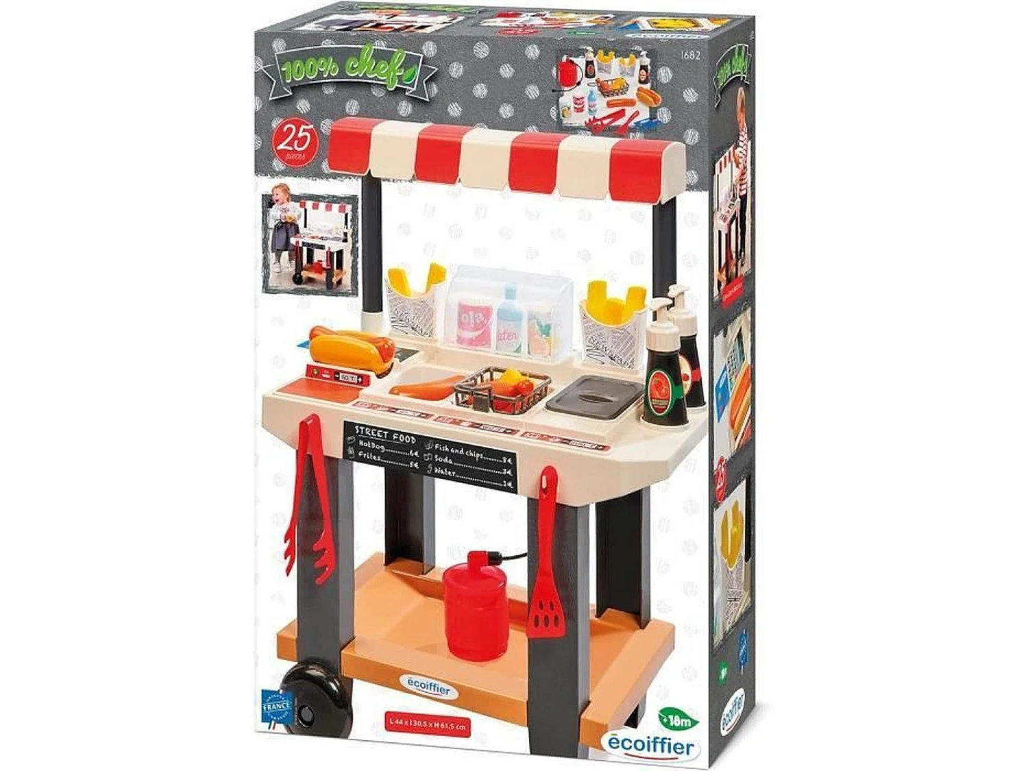 Ecoiffier 100% Chef Street Food speelset - Draagbare voedselkar met hotdog en friet