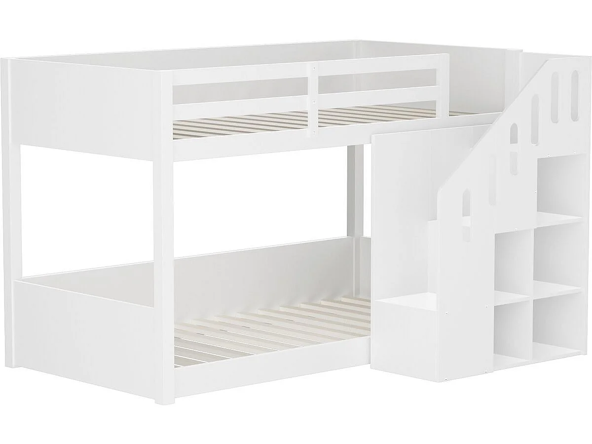 Lit superposé en bois avec escalier et rangements "Léana" - 90 x 190 cm - Blanc