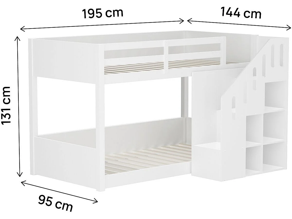 Lit superposé en bois avec escalier et rangements "Léana" - 90 x 190 cm - Blanc