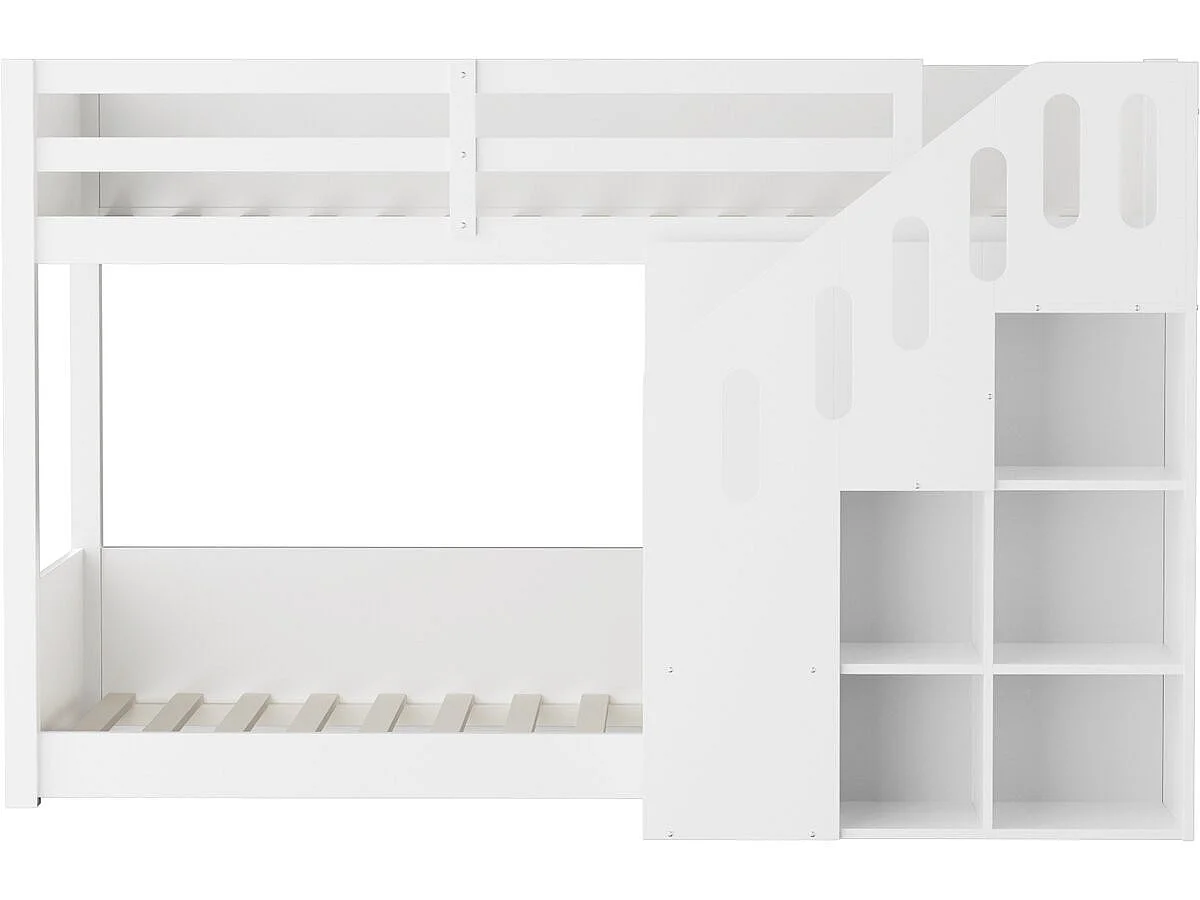 Lit superposé en bois avec escalier et rangements "Léana" - 90 x 190 cm - Blanc