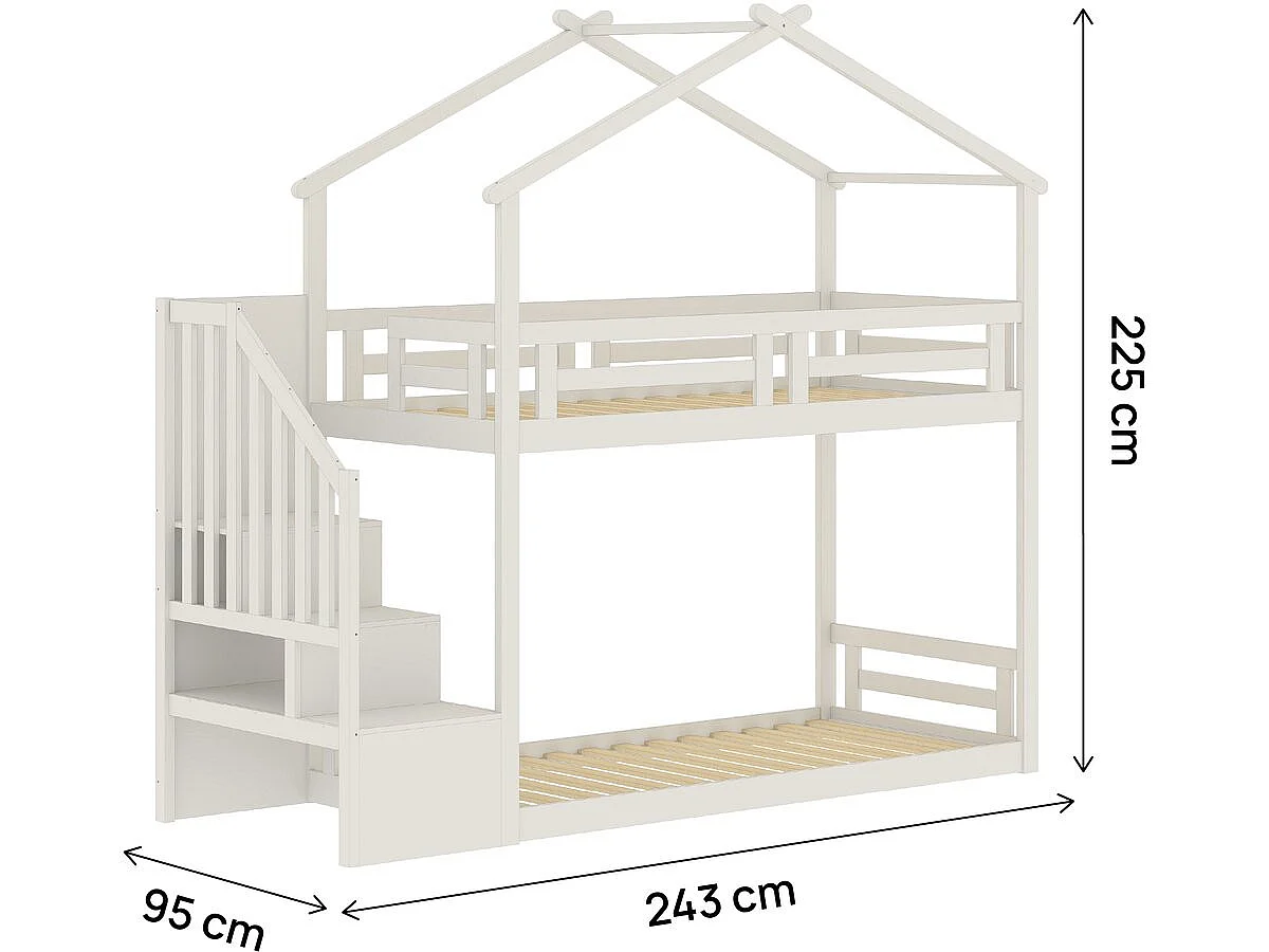 Letto a castello a forma di capanna con scaletta in legno "Oriana" - 90 x 190 cm - Beige
