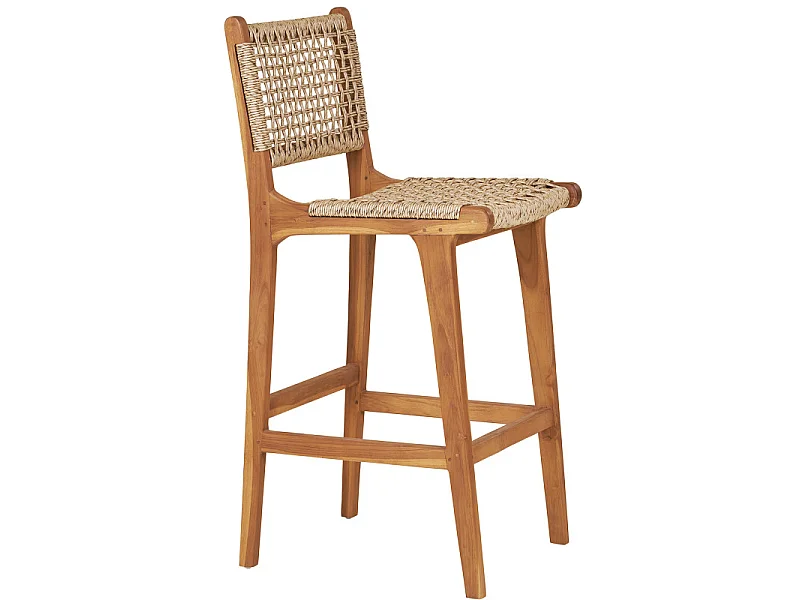 TIKY-Sgabello da bar in teak massello e rattan intrecciato