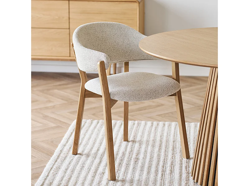 FAIR-Fauteuil de table en chêne massif et tissu, beige
