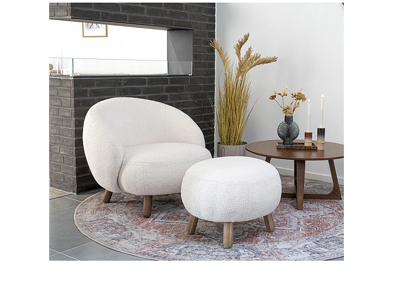 MIMI-Poltrona e pouf in tessuto bouclé ecrù e legno