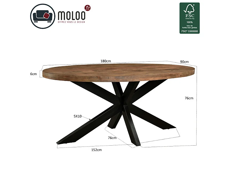 MANAUS-Table à manger ovale 6/8 personnes 180 cm en bois massif