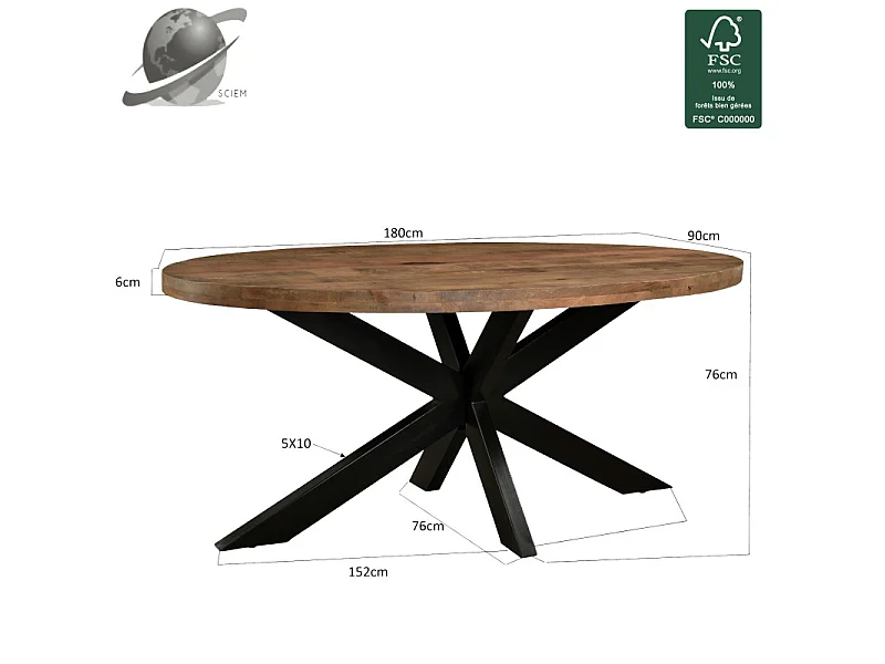 MANAUS-Table à manger ovale 6/8 personnes 180 cm en bois massif