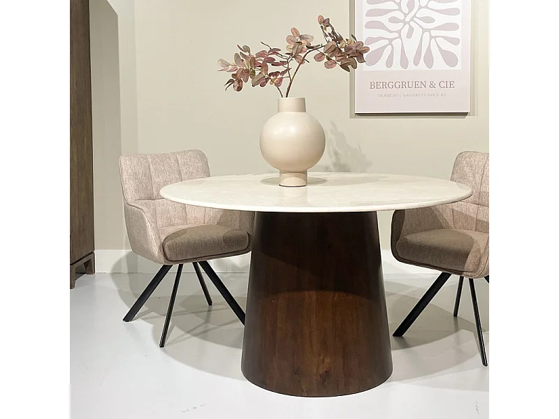 CINNO-Table repas 4 personnes D130 cm en Marbre et Bois massif brun