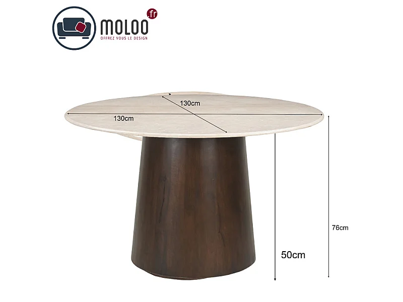 CINNO-Table repas 4 personnes D130 cm en Marbre et Bois massif brun