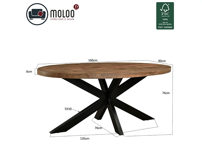 MANAUS-Table à manger ovale 6 personnes 160 cm en bois massif