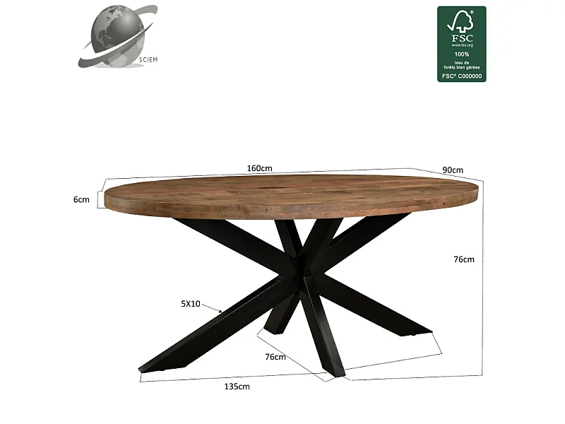 MANAUS-Table à manger ovale 6 personnes 160 cm en bois massif