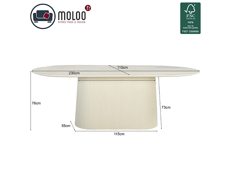 DOLCE-Table à manger Ovale 10 personnes 230 cm en bois massif Ivoire