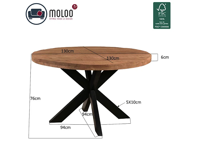 MANAUS-Table repas Ronde 4 personnes D130 cm en bois massif