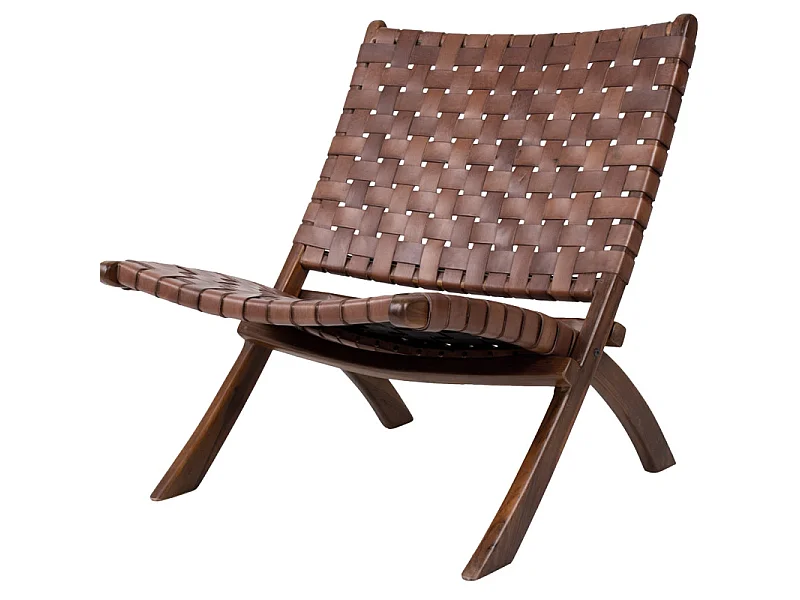TIKO-Fauteuil pliant en teck massif et cuir marron