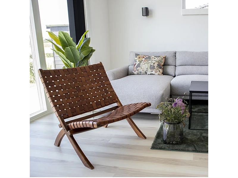 TIKO-Fauteuil pliant en teck massif et cuir marron