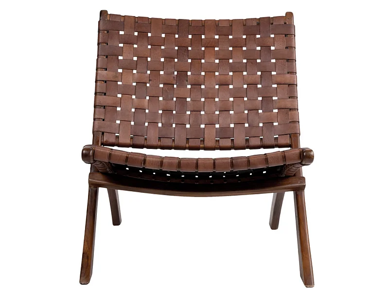 TIKO-Fauteuil pliant en teck massif et cuir marron