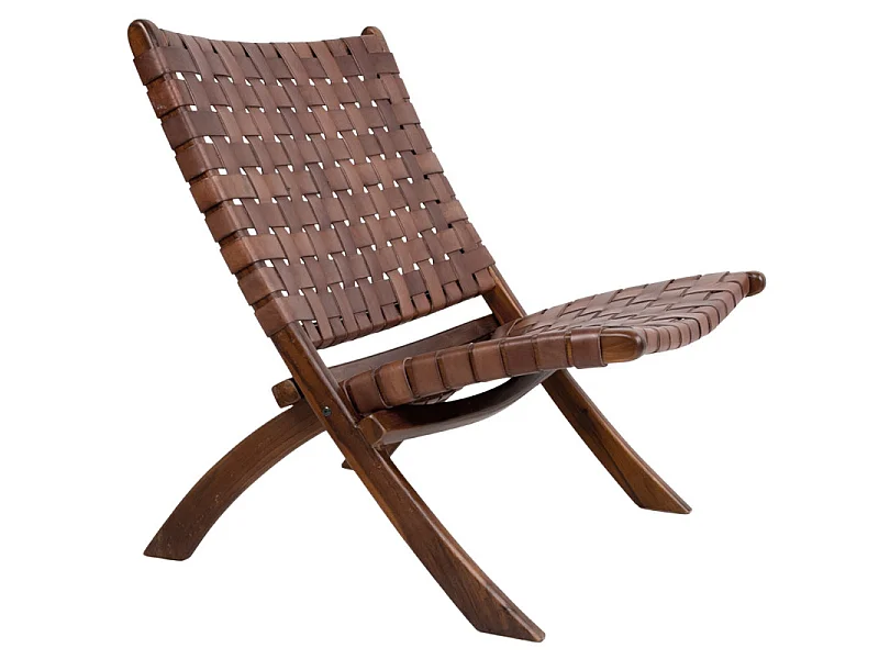 TIKO-Fauteuil pliant en teck massif et cuir marron