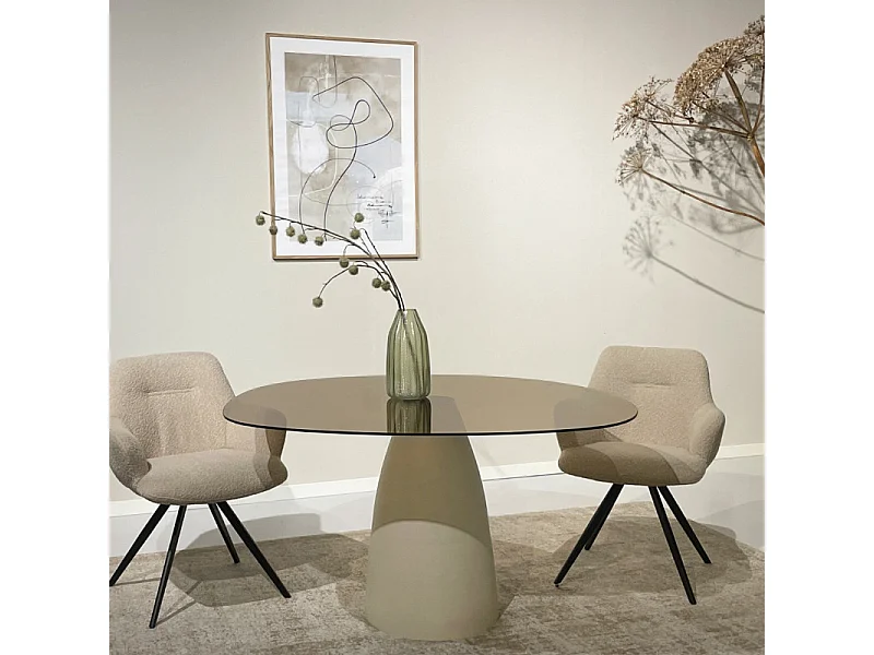 DYLON-Table à manger 4 personnes D140 cm en verre fumé/Ivoire