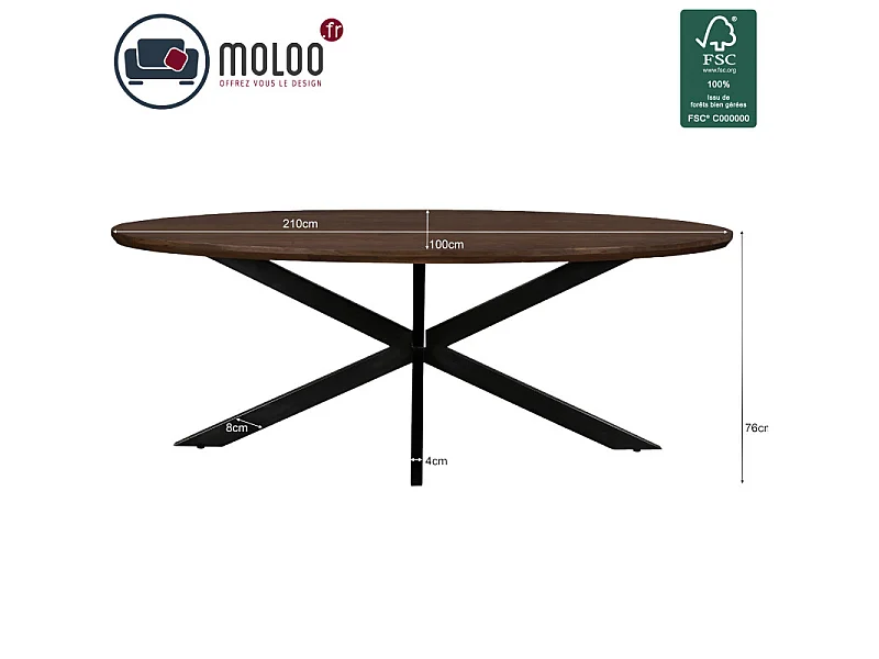 MACY-Table à manger ovale 8/10 personnes 210 cm en bois massif brun