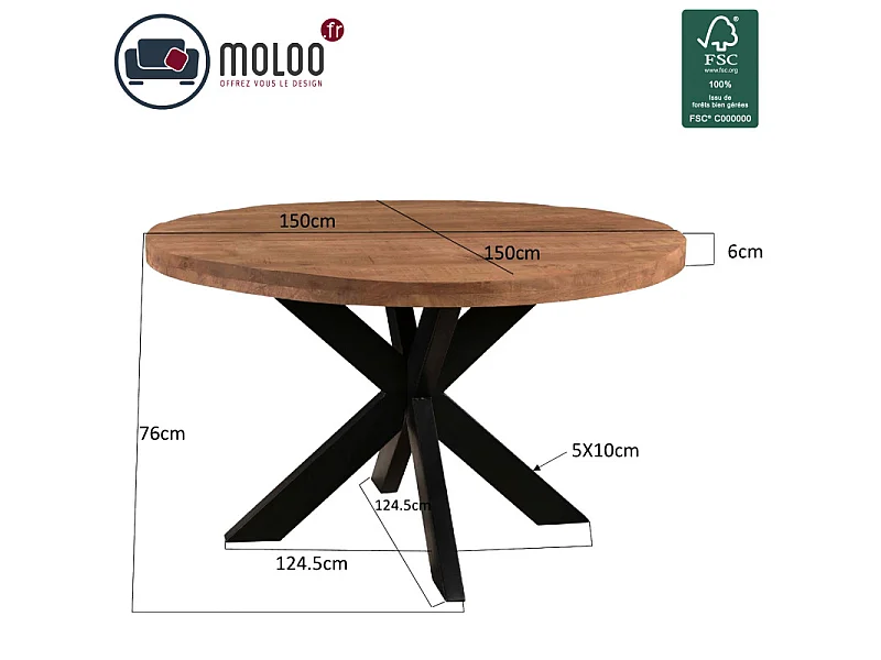 MANAUS-Table repas Ronde 4/6 personnes D150 cm en bois massif