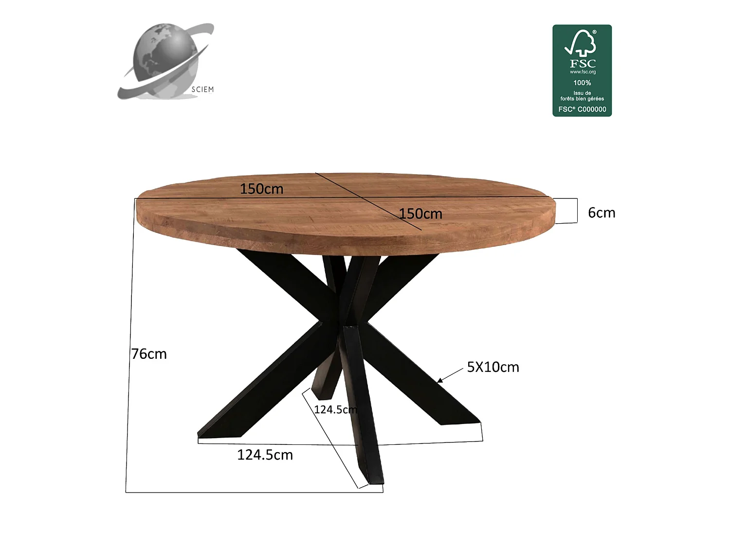 MANAUS-Table repas Ronde 4/6 personnes D150 cm en bois massif