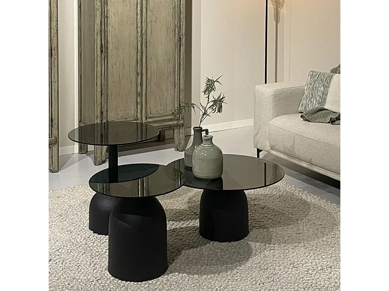 MIRO-Mesa de centro D55 cm cristal negro y acero lacado