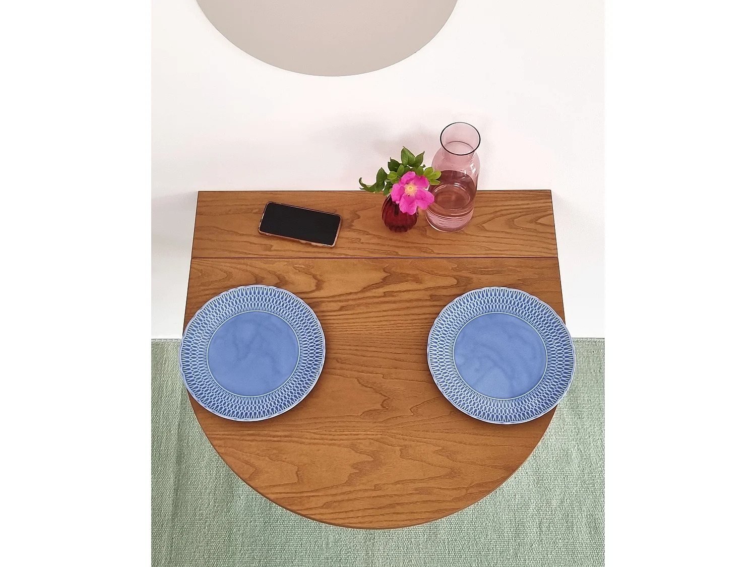 Table murale pliante demi-ovale Klapp 70 x 65 cm pour 2 personnes | Petit bureau | Placage frêne finition noir