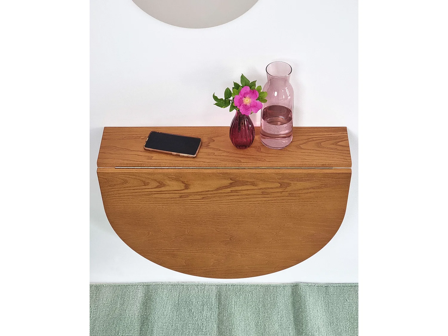 Table murale pliante demi-ovale Klapp 70 x 65 cm pour 2 personnes | Petit bureau | Placage frêne finition chêne