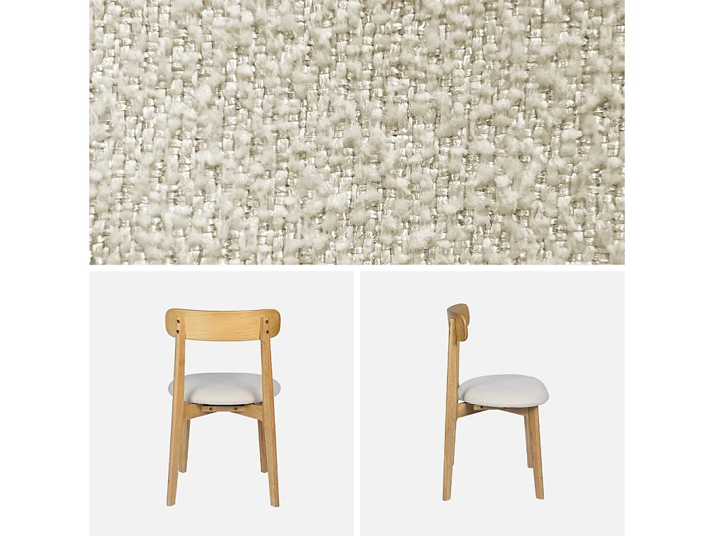 Lot de 2 chaises vintage bois d'hévéa naturel et tissu texturé blanc cassé - Victoire